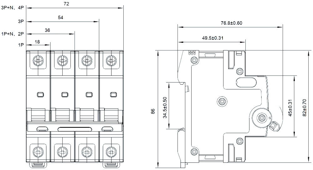 63 amp 3 pole Miniature Circuit Breaker Dimensions